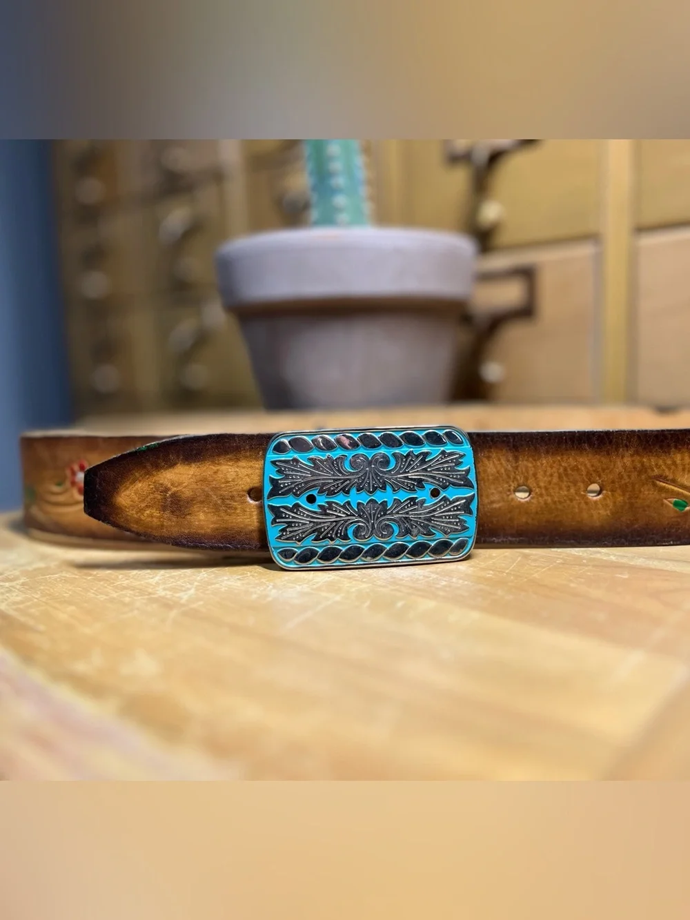 Authentic Mexican Leather Belt with Turquoise Floral Buckle